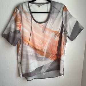 Calvin Klein Sheer Short-Sleeve Blouse in Peach and Gray Wash Size‎ L